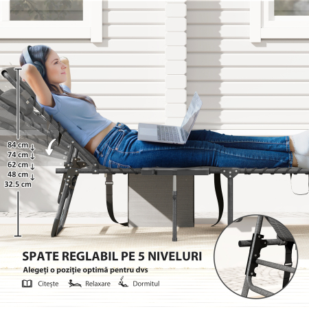  sezlong de Gradina Pliabil si Reglabil in 5 Pozitii cu Masuta Laterala, 60x190x31 cm, Gri [3]