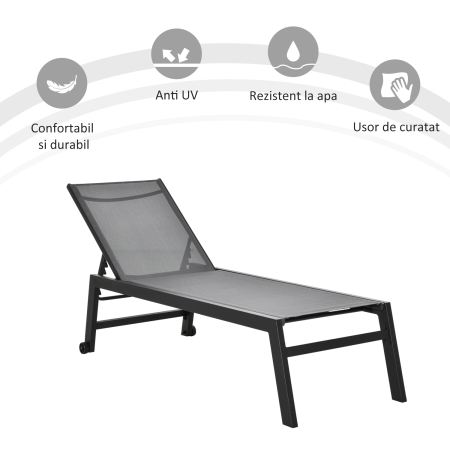  Sezlong din Aluminiu si Textilen cu Spatar Reglabil si Roti Negru si Gri [3]