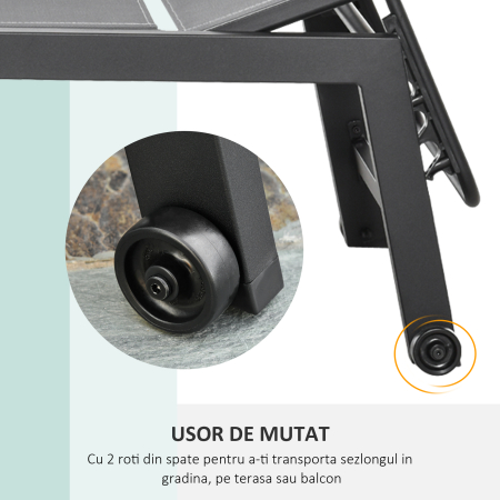  Sezlong din Aluminiu si Textilen cu Spatar Reglabil si Roti Negru si Gri [4]