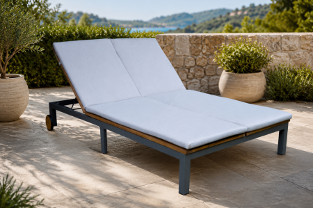 Sezlong dublu de gradina cu roti, din lemn de acacia, 202x120x31 cm, maro [2]