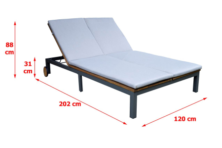 Sezlong dublu de gradina cu roti, din lemn de acacia, 202x120x31 cm, maro [3]