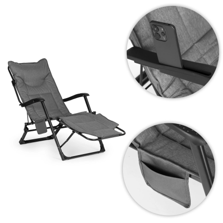 Sezlong gradina pliabil 2 in 1 cu suport telefon si buzunar lateral, material moale matlasat, maxim 150 kg, 180x63x90 cm, gri [6]