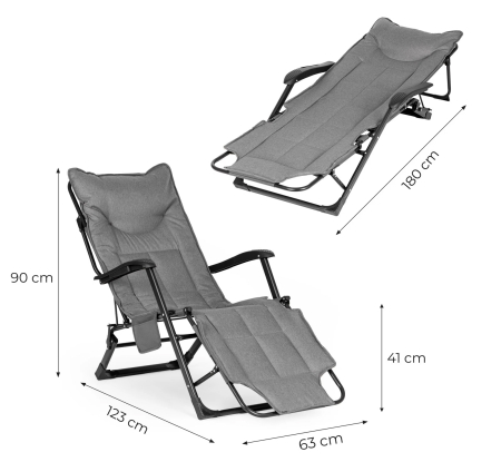 Sezlong gradina pliabil 2 in 1 cu suport telefon si buzunar lateral, material moale matlasat, maxim 150 kg, 180x63x90 cm, gri [8]