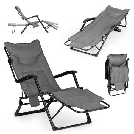 Sezlong gradina pliabil 2 in 1 cu suport telefon si buzunar lateral, material moale matlasat, maxim 150 kg, 180x63x90 cm, gri [1]