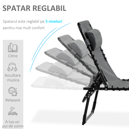  Sezlong pentru Plaja cu Spatar Rabatabil pe 5 Pozitii si Perna, Sezlong de Gradina Pliabil din Otel si Tesatura Plasa, Gri [3]