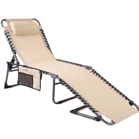 Gradina & balcon - Sezlong pliabil 190x58x30 cm, cu spatar reglabil, perna si buzunar lateral, cadru metalic, crem