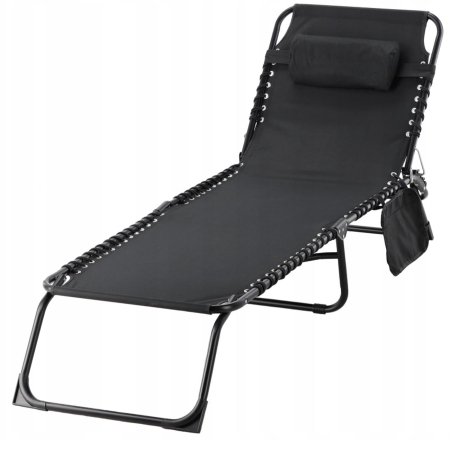 Gradina & balcon - Sezlong pliabil 190x58x30 cm, cu spatar reglabil, perna si buzunar lateral, cadru metalic, negru