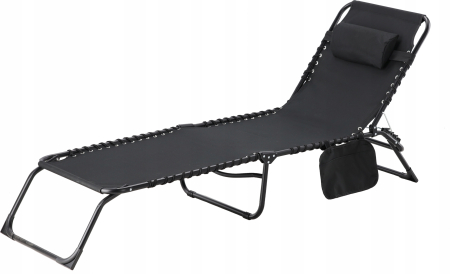 Sezlong pliabil 190x58x30 cm, cu spatar reglabil, perna si buzunar lateral, cadru metalic, negru [1]