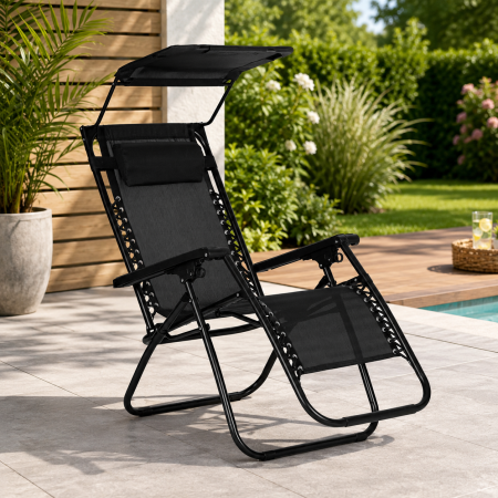 Sezlong pliabil 86x67x120 cm, zero gravity, copertina reglabila, spatar 3 pozitii, cadru otel si material impermeabil, negru [10]
