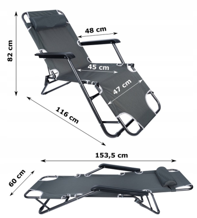 Sezlong pliabil, cadru metalic, reglabil in 3 pozitii pana la complet orizontal, cu tetiera, 153x60 cm, gri [4]