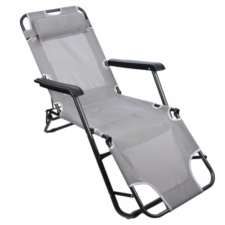 Gradina & balcon - Sezlong pliabil, cadru metalic, reglabil in 3 pozitii pana la complet orizontal, cu tetiera, 153x60 cm, gri