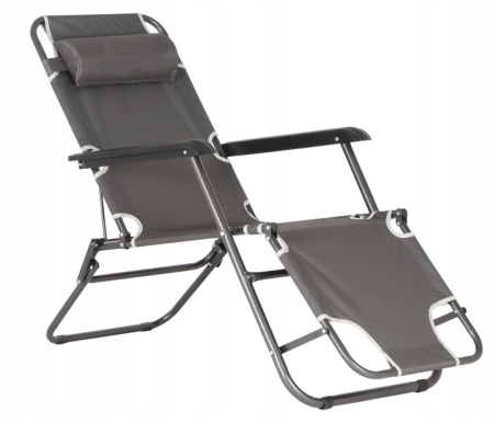 Sezlong pliabil, cadru metalic, reglabil in 3 pozitii pana la complet orizontal, cu tetiera, 153x60 cm, gri [6]