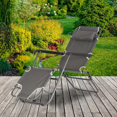 Sezlong pliabil, cadru metalic, reglabil in 3 pozitii pana la complet orizontal, cu tetiera, 153x60 cm, gri [3]