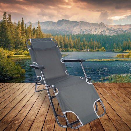 Sezlong pliabil, cadru metalic, reglabil in 3 pozitii pana la complet orizontal, cu tetiera, 153x60 cm, gri [2]