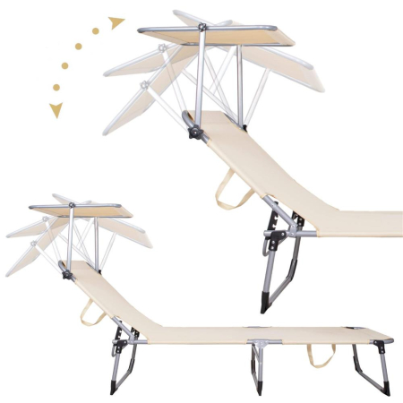 Sezlong pliabil cu parasolar, 188x57x38cm, sarcina 120kg, crem [8]