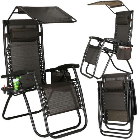 Sezlong pliabil cu parasolar si suport pahare, spatar blocare pozitie, textilene impermeabil, max 130 kg, 77x110x175 cm, maro [5]