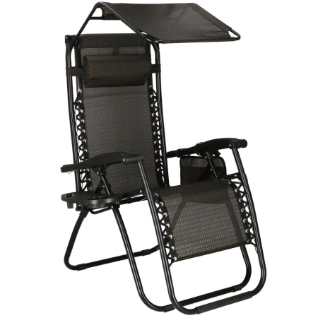 Scaune gradina si sezlonguri - Sezlong pliabil cu parasolar si suport pahare, spatar blocare pozitie, textilene impermeabil, max 130 kg, 77x110x175 cm, maro