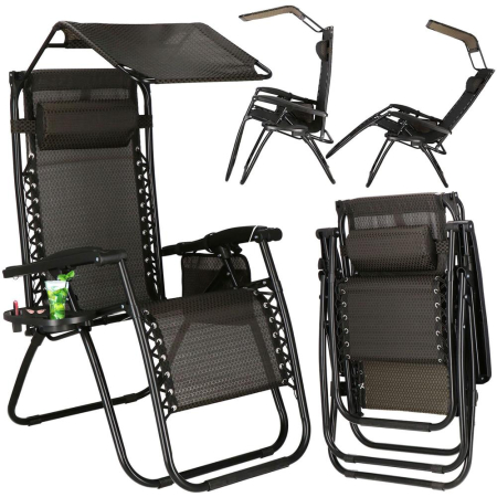 Sezlong pliabil cu parasolar si suport pahare, spatar blocare pozitie, textilene impermeabil, max 130 kg, 77x110x175 cm, maro [1]