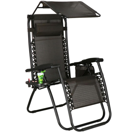 Sezlong pliabil cu parasolar si suport pahare, spatar blocare pozitie, textilene impermeabil, max 130 kg, 77x110x175 cm, maro [7]