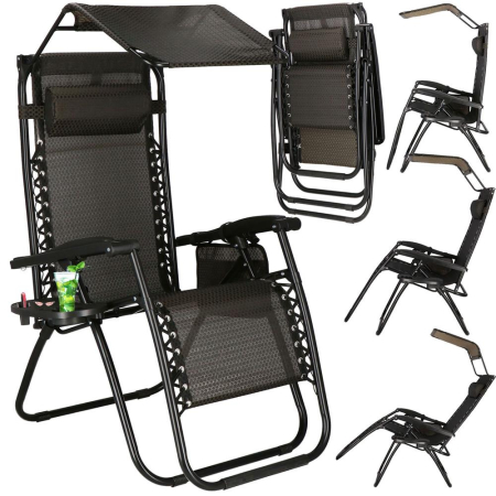Sezlong pliabil cu parasolar si suport pahare, spatar blocare pozitie, textilene impermeabil, max 130 kg, 77x110x175 cm, maro [9]