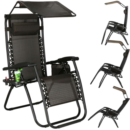 Sezlong pliabil cu parasolar si suport pahare, spatar blocare pozitie, textilene impermeabil, max 130 kg, 77x110x175 cm, maro [6]