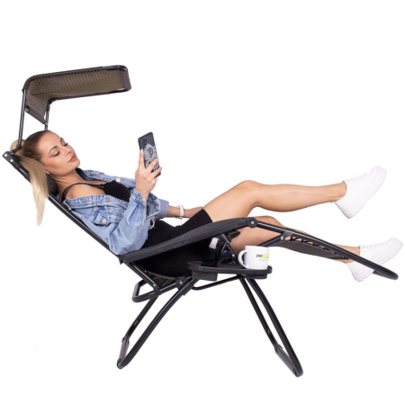 Sezlong pliabil cu parasolar si suport pahare, spatar blocare pozitie, textilene impermeabil, max 130 kg, 77x110x175 cm, maro [28]