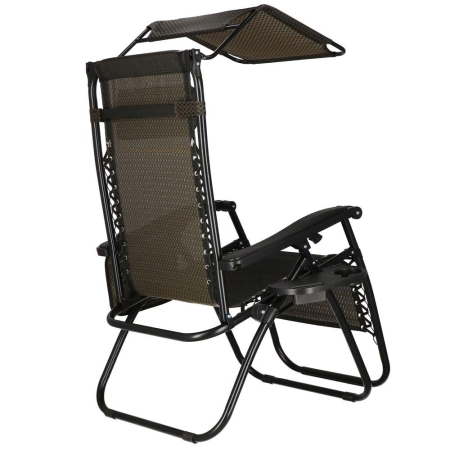 Sezlong pliabil cu parasolar si suport pahare, spatar blocare pozitie, textilene impermeabil, max 130 kg, 77x110x175 cm, maro [13]