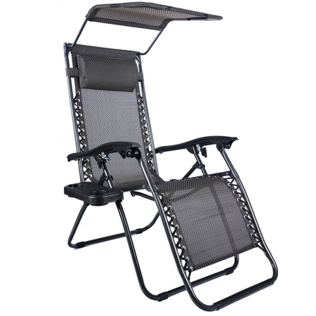 Gradina - Sezlong pliabil cu parasolar si tetiera, reglabil in 2 pozitii, suport pahare, 174cm, gri