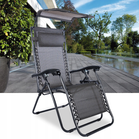 Sezlong pliabil cu parasolar si tetiera, reglabil in 2 pozitii, suport pahare, 174cm, gri [5]