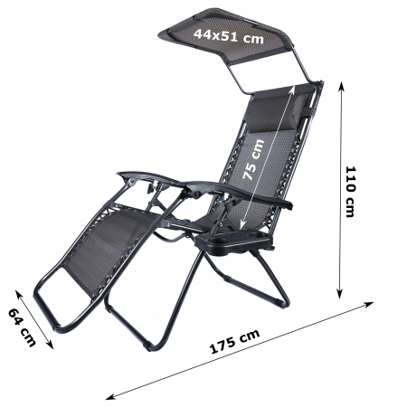 Sezlong pliabil cu parasolar si tetiera, reglabil in 2 pozitii, suport pahare, 174cm, gri [6]
