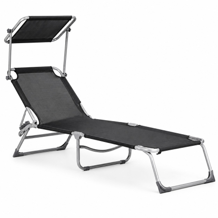 Gradina & balcon - Sezlong pliabil cu parasolar, spatar reglabil, 178x57 cm, 150 kg, negru