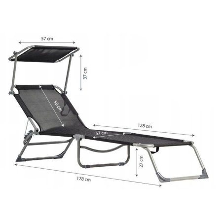 Sezlong pliabil cu parasolar, spatar reglabil, 178x57 cm, 150 kg, negru [5]