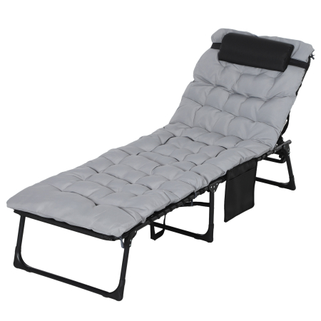 Mobilier gradina si terasa -  sezlong pliabil cu perna, tetiera si buzunar lateral, 58x189x32,5 cm, gri deschis