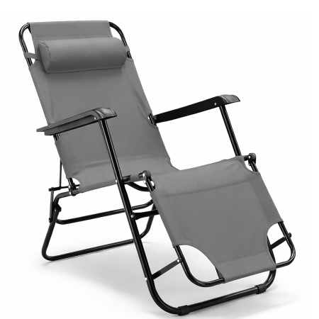 Scaune gradina si sezlonguri - Sezlong pliabil cu pozitie orizontala, tetiera reglabila, cadru metal vopsit electrostatic, 153x60x88 cm, gri