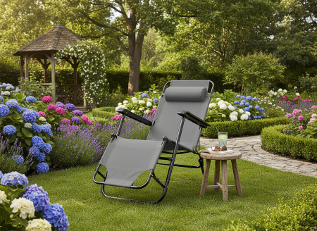 Sezlong pliabil cu pozitie orizontala, tetiera reglabila, cadru metal vopsit electrostatic, 153x60x88 cm, gri [1]