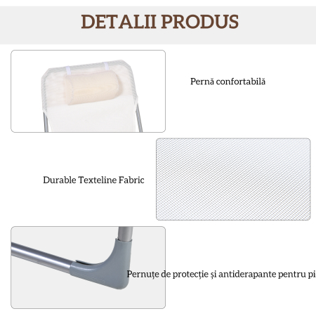  sezlong Pliabil cu Spatar Reglabil in 5 Pozitii si Perna, sezlong de Gradina cu Material Textil Respirabil, pentru Plaja, Piscina, Gradina, 182x56x28 cm, Crem [4]
