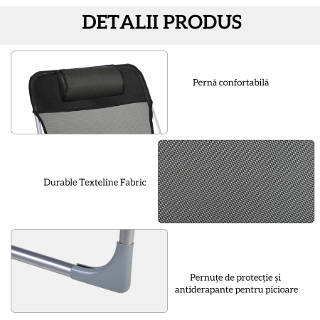  sezlong Pliabil cu Spatar Reglabil pe 5 Niveluri si Perna, sezlong de Gradina cu Material Texteline, pentru Plaja Piscina Gradina, 182x56x28 cm, Negru [4]