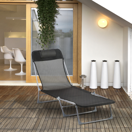  sezlong Pliabil cu Spatar Reglabil pe 5 Niveluri si Perna, sezlong de Gradina cu Material Texteline, pentru Plaja Piscina Gradina, 182x56x28 cm, Negru [1]