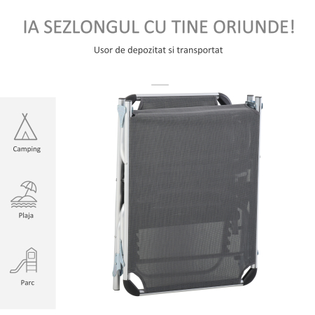  sezlong Pliabil cu Tetiera si Spatar Reglabil din Aluminiu 60x165x76cm Gri [4]