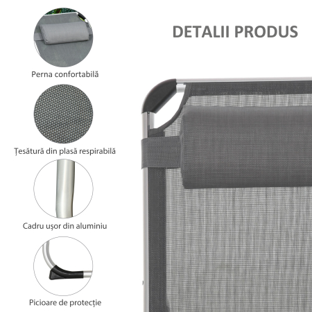  sezlong Pliabil cu Tetiera si Spatar Reglabil din Aluminiu 60x165x76cm Gri [5]