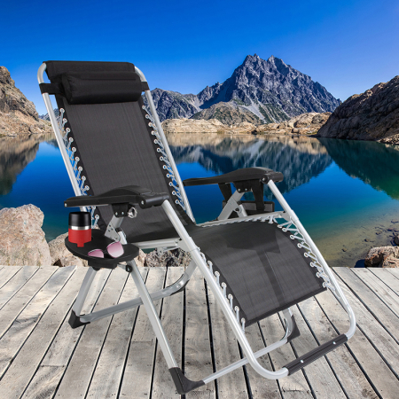 Sezlong pliabil gravitate zero, 175x65 cm, cu masuta si buzunar organizator, 120 kg, negru [6]