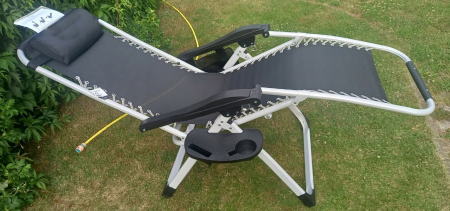 Sezlong pliabil gravitate zero, 175x65 cm, cu masuta si buzunar organizator, 120 kg, negru [3]