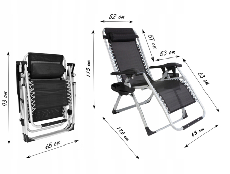 Sezlong pliabil gravitate zero, 175x65 cm, cu masuta si buzunar organizator, 120 kg, negru [9]