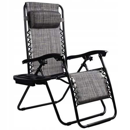 Mobilier gradina si terasa - Sezlong pliabil pentru gradina cu tetiera, cadru metalic, suport pahare, maxim 120 kg, 174x65x112 cm, gri
