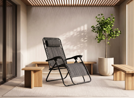 Sezlong pliabil pentru gradina cu tetiera, cadru metalic, suport pahare, maxim 120 kg, 174x65x112 cm, gri [10]