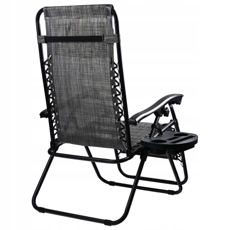 Sezlong pliabil pentru gradina cu tetiera, cadru metalic, suport pahare, maxim 120 kg, 174x65x112 cm, gri [11]