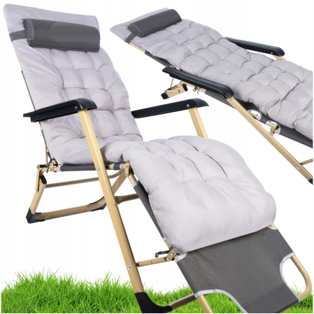 Sezlong pliabil pentru plaja sau gradina, cu perna si tetiera, functie pat, 64x178cm, gri [3]