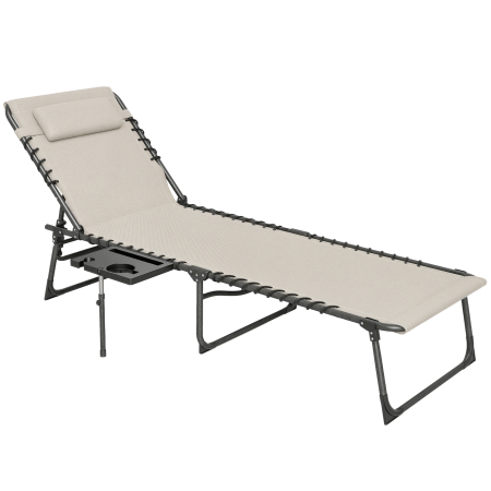 Mobilier gradina si terasa -  sezlong Pliabil si Reglabil pe 5 Niveluri cu Tava Laterala si Buzunar, 60x190x31 cm, Crem