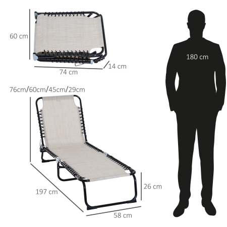  Sezlong portabil din otel si material tip plasa, care permite circularea aerului, cu spatar reglabil pe 4 pozitii, 197x58x26 cm, negru si crem [2]