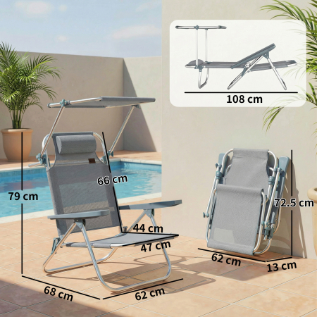  sezlong Reclinabil cu 6 Nivele, Copertina Reglabila si Tetiera, din Aluminiu si Plasa, 62x68x79, Gri [2]